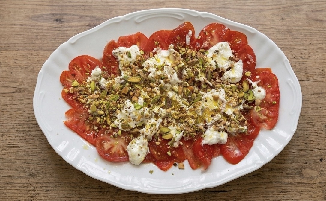 Tomato carpaccio with burrata, tuna and pistachios by feelgoodwfood